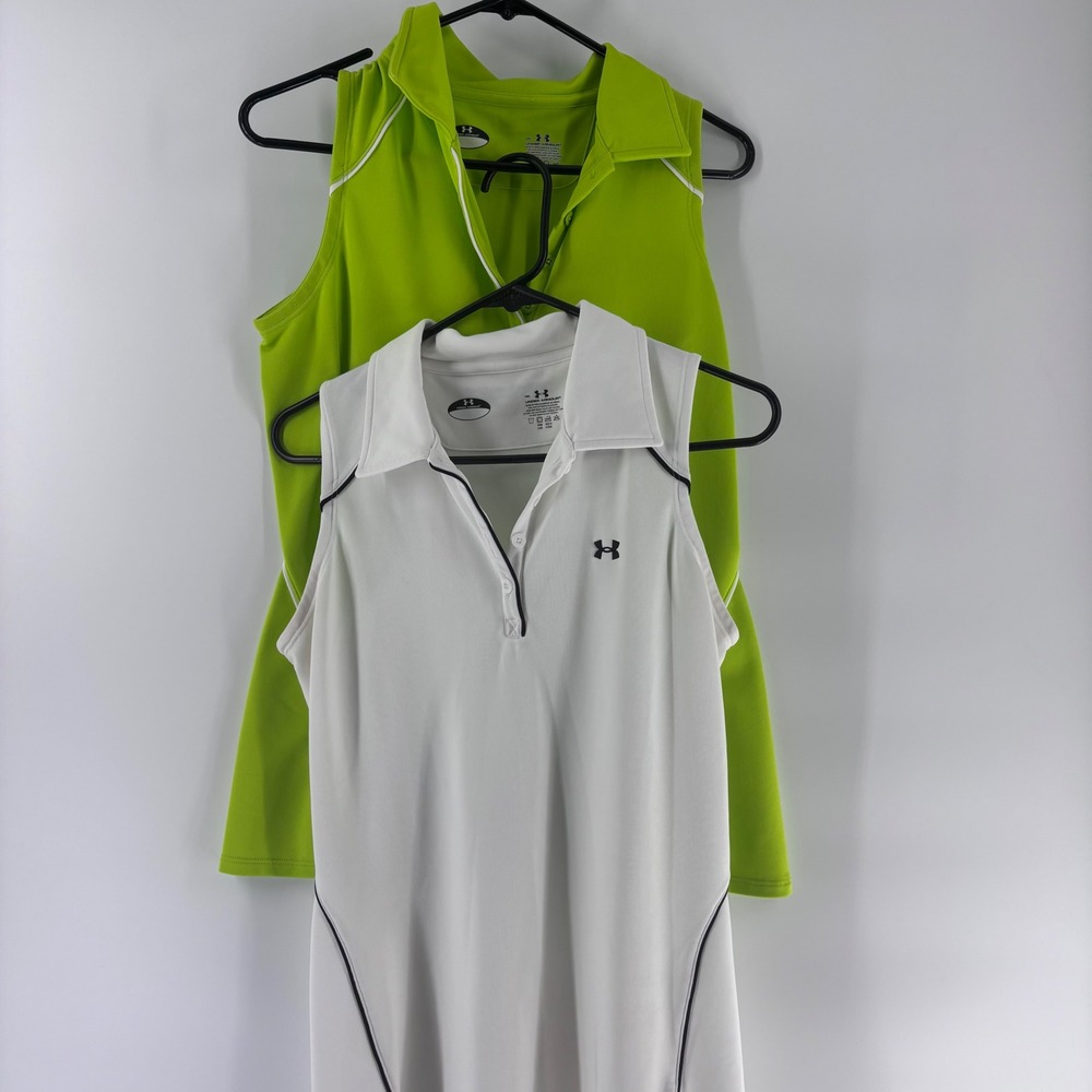 Under Armour Polo Shirt Womens Med Green White Sleeveless Golf Pickleball 2 Pack